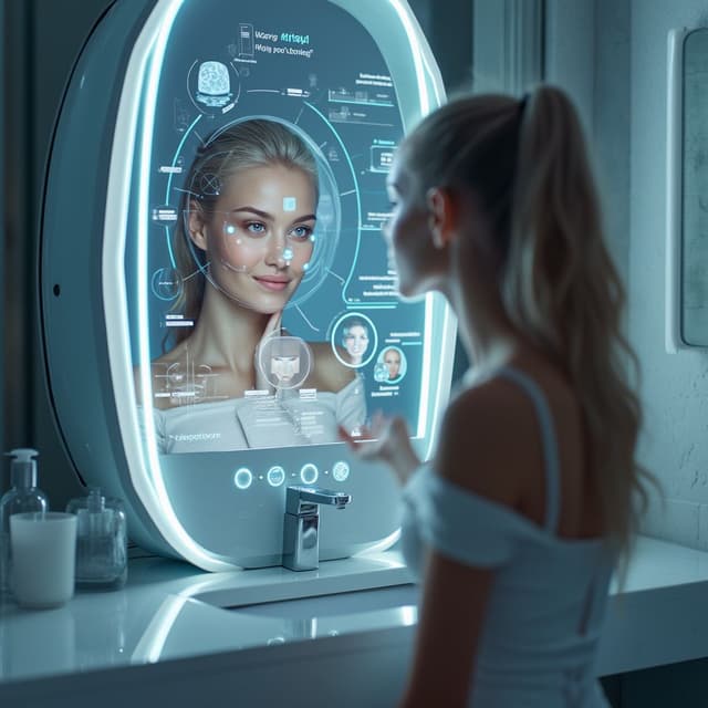 A high-tech mirror with glowing displays for skin analysis and virtual makeup previews of a person, framed by a clean and futuristic bathroom design.