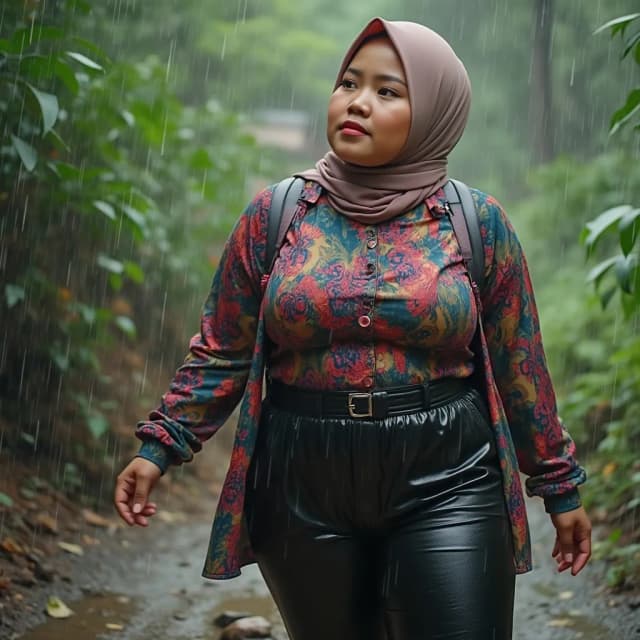 style recording yourself fropesional experienced in his stunning action by youtuber, a youtuber explore is exploring the remote village, beautiful atmosphere in the forest, there are villagers, a youtuber young adult malay ETNICITY white shiny milk skins almost pale, physically attractive in jumbo size, ideal fat plump, busty, great protruding power, full of lust, wearing pro muslim hijab in OOTD, wearing shiny black plastic pants in the upper body area clothing style is more colorful in the style of alternating colored fabrics, muslim hijab in rainfall recording her journey by exploring recording herself talking to the audience youtube viewers , taking pictures of Muslim hijab from various positions and movements