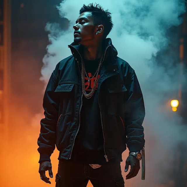A tormented soul, yet he carries himself with a defiant swagger. Dressed in futuristic urban gear—sleek, black streetwear with neon accents and tech-infused sneakers—he stands alone in the shadows. His veins burn with the fire of addiction, eyes hollow yet brimming with a desperate fire. Smoke coils around him like chains, as he chases a fleeting high that rips through his core but leaves him shattered. Hands trembling, he reaches out, trapped between the allure of the high and the last ember of his fading soul. The darkness is thick, illuminated only by the glow of neon lights reflecting off his gear—a battle between survival and the seductive pull of oblivion.