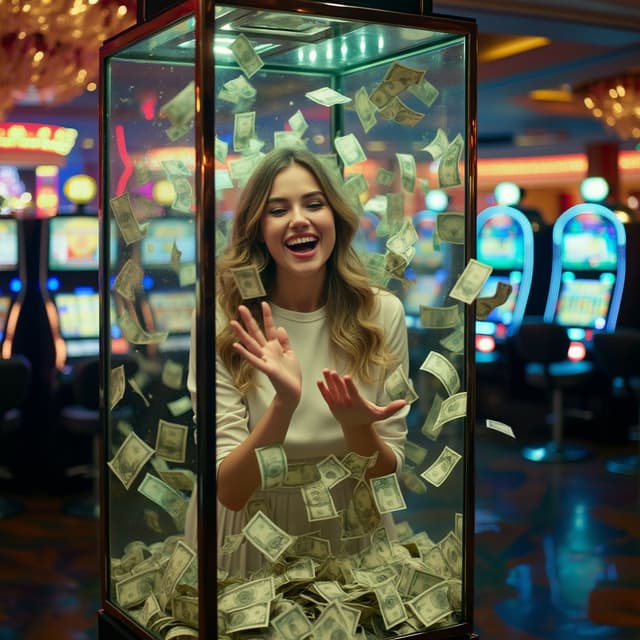3/4 side view photo of -A stylish, fashionable young European woman looks ecstatic as she wins big while standing inside a human-sized transparent cash grab box. Banknotes swirl around her as she eagerly tries to collect as much cash as possible with both hands. In the background, a blurred casino scene reveals slot machines and a lively atmosphere.- camera used for photo CAMERA PROPERTIES: Aaton LTR, ARRI ALEXA 65, Bolex H16, RED Digital Cinema Camera, Canon EOS 5D, Fujifilm X-T4, Hasselblad X1D II, Lumix GH5, Pentax 645Z