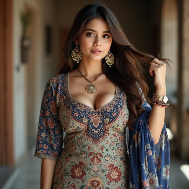 a fair skin girl wearing a body hugging printed shalwar kameez that has a round neckline revealing a significant amount of cleavage. a duppata is draping off one of her shoulder. She is tucking her hair with one hand. She has lifted big breasts and deep cleavage The image quality is grainy, with a slight blur softening the details. The setting is in an airy lobby, lighting is strong and natural, The background has a touch of a traditional rural indian household, she is lo
