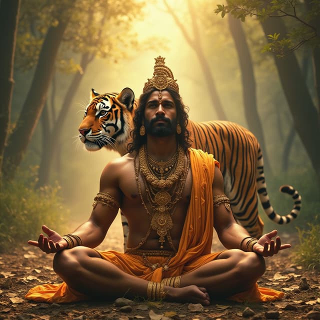 "A divine depiction of Lord Ayyappan seated cross-legged on the ground in a yogic posture, radiating serenity and divinity. Behind him stands a majestic tiger, symbolizing power and guardianship, its calm yet strong presence complementing the sacred aura of Ayyappan. The background features a tranquil forest with soft golden light filtering through the trees, creating a serene and spiritual atmosphere."