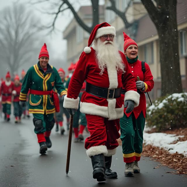 Santa and elves evacuating a long term care home due to a fire.