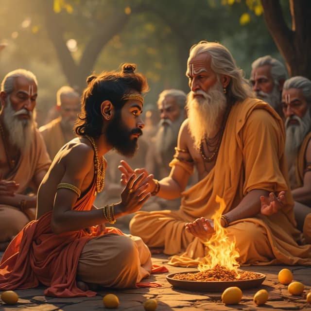 (Visual: young Hanuman interrupts the meditations of great Rishis, playfully tugging at their beards and disturbing their Yagnas.)