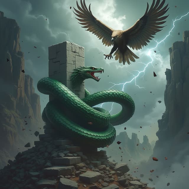 A dramatic confrontation between a mighty eagle and a massive serpent. The eagle, with razor-sharp talons extended and piercing eyes glowing with intensity, is diving from the sky, its powerful wings outstretched wide and feathers shimmering in the stormy light. Below, the serpent is coiled tightly around a crumbling stone pillar, its emerald scales glinting menacingly, fangs bared and ready to strike. The background is a chaotic scene of jagged cliffs, swirling winds, and lightning streaking across a dark, turbulent sky. The atmosphere is tense, with debris flying in the wind, highlighting the fierce clash between air and earth.