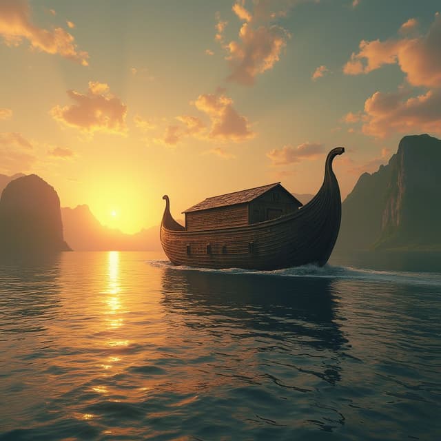 Imagine a serene and stunning sunset landscape with a large, massive ark floating on a calm sea. The ark is detailed and made of wood, resembling an ancient ship. Lush green mountains rise on the horizon, and gentle waves gently lap against the hull. The scene conveys a sense of hope and peace as the ark sails across an ethereal sky.