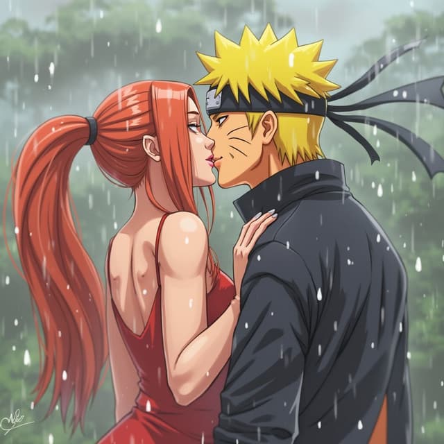Uzumaki uzumaki kushina, kissing, kushina red hair ponytail, Naruto yellow hair, milf, wet, oiled skin, red dress, open clothes