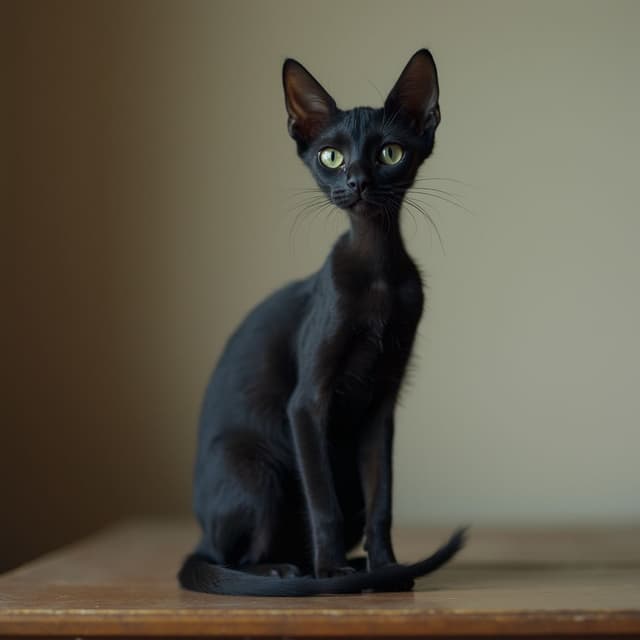 A slender black cat sitting on a desk.