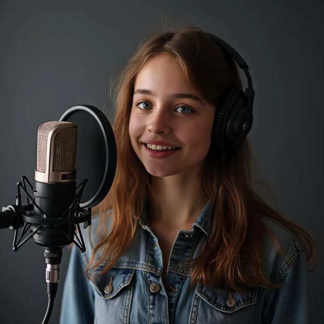 A Young girl age 25 that can recorded a Podcast in studio like speaking on mic and also there background dark gray but having some different key light in there studio (give me its right side pose)
