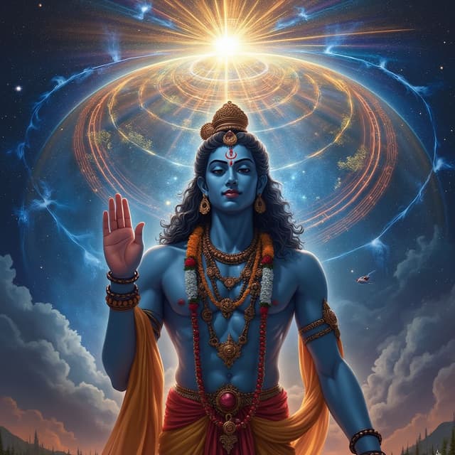 Ayyappan holding his right hand in a Chin Mudra, symbolizing the union of Jivatma (individual soul) with Paramatma (universal soul). The background shows a cosmic energy flow uniting the earth and heavens.