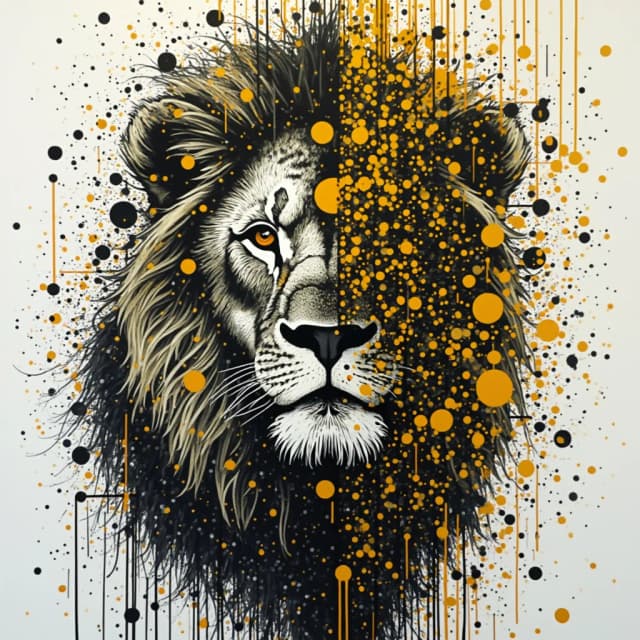 portrait of a lion man. The background is white and the face is made up of various geometric shapes and lines, creating a chaotic and intricate design. The face is divided into two sections, with the top section being the largest and the bottom section being smaller.
The circles are arranged in a way that creates a sense of depth and dimension. The lines and dots are scattered throughout the image, giving it a chaotic yet surreal feel. The overall color scheme of the image is predominantly black, and yellow. Overall chaotic and chaotic nature of the piece.