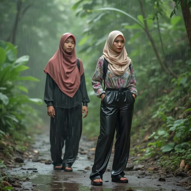 style recording yourself fropesional experienced in his stunning action by youtuber, a youtuber explore is exploring the remote village, beautiful atmosphere in the forest, there are villagers, a youtuber young adult malay ETNICITY white shiny milk skins almost pale, physically attractive in jumbo size, ideal fat plump, busty, great protruding power, full of lust, wearing pro muslim hijab in OOTD, wearing shiny black plastic pants in the upper body area clothing style is more colorful in the style of alternating colored fabrics, muslim hijab in rainfall recording her journey by exploring recording herself talking to the audience youtube viewers , taking pictures of Muslim hijab from various positions and movements