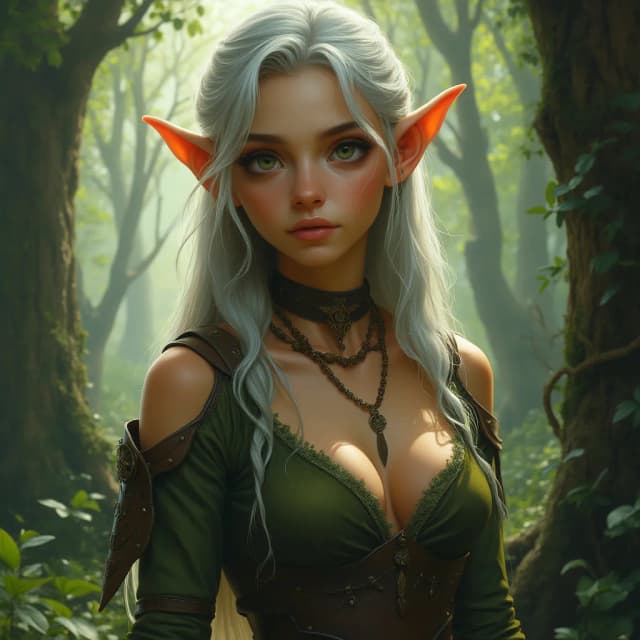 A realistic elf with fair, slightly glowing skin, pointed ears, and long silver hair. She has a calm and serene expression, with deep green eyes that convey wisdom and mystery. She is dressed in clothing inspired by nature, in shades of green and brown, with leather and metal details, resembling a forest hunter or guardian. The background shows a dense, magical forest with soft light filtering through the trees. The lighting is gentle, with a faint golden glow highlighting the texture of her skin and silver hair. The overall atmosphere is magical and immersive, reminiscent of a Renaissance painting