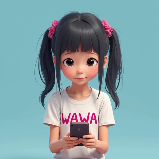 Anime realistic, 3D style, Portrait of An 8-year-old girl, rosy-cheeked, with black hair in side ponytails (pink ties) and bangs, sits engrossed in a smartphone game.  She wears a white t-shirt with "WAWA" printed in bold pink letters.  Her expression is one of focused fun, her fingers actively tapping the screen.  Simple Blue background, front view, cute girl.