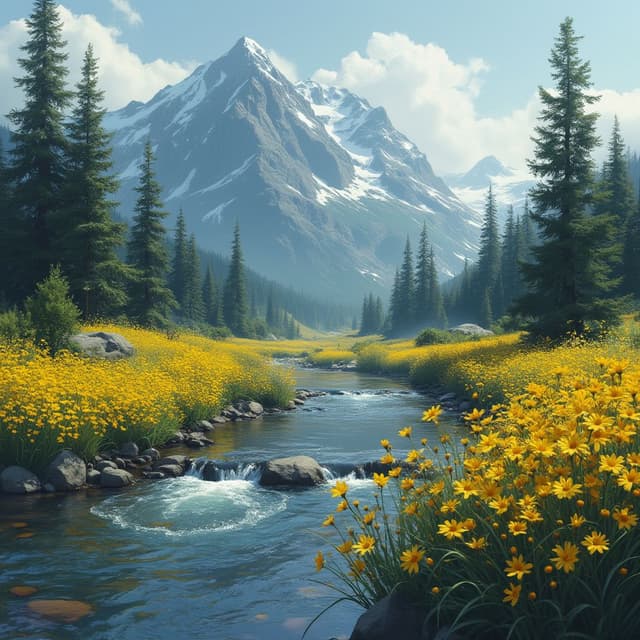 i want natural theme  like mountain ,yellow flowers ,river,trees