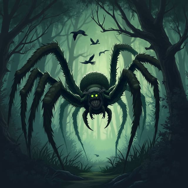 The image is a digital illustration of a large spider in a dark forest. The spider is in the center of the image, with its body facing towards the right side of the frame. It has a large head with sharp teeth and green eyes, and its legs are stretched out in front of it. The background is filled with tall trees with twisted branches and leaves, and there are a few birds flying around the spider. The overall mood of the illustration is eerie and mysterious.