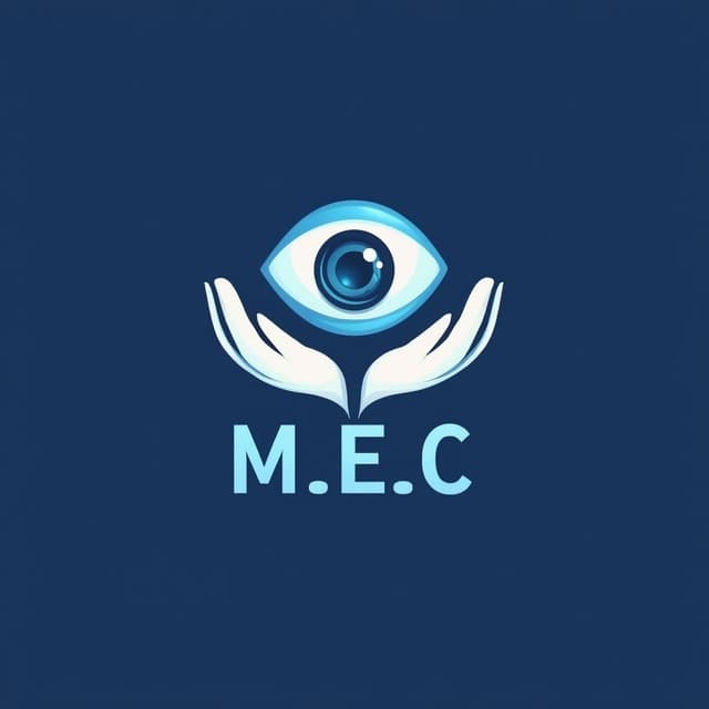 Image is a logo design featuring a stylized eye and hands on a blue background. make all the lines in a sharp and curved simplified futuristic design , The eye is centrally placed, depicted in a light blue color with a white highlight, giving it a three-dimensional appearance. Below the eye, two hands are illustrated in a supportive gesture, one in white and the other in light blue, creating a symmetrical balance. Beneath the hands, the acronym 'M.E.C' is prominently displayed in bold, uppercase letters. The 'M' and 'C' are in dark blue, while the 'E' is in light blue, matching the color scheme of the eye and hands. The overall design is simple yet striking, utilizing a limited color palette of blue and white to convey a sense of clarity and focus,  .
