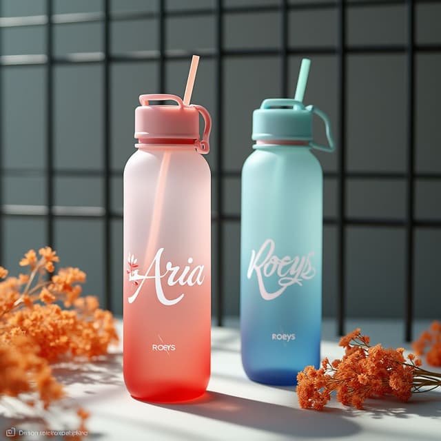 Raw photography 4D, Two frosted unique glass water bottles, one pinkish-red ombre, the other light blue ombre. Both have a handle and straw lid. The bottles are cylindrical but slightly tapered, with a white script elegant text "ARIA" and "ROEYS". The pink bottle features a small flower graphic, and the blue bottle has a small flower. The bottles' design is simple, yet elegant. The bottles are in front of a dark metal wire mesh display. Small bunches of orange flowers, close up, are near the pink bottle. Lighting is bright, and the color scheme is soft and pastel. The image is impressionistic in style, with a slightly soft focus and emphasis on the colors and patterns. The scene is a close-up product shot, aimed at showcasing the bottles and their design. The background wire mesh provides a backdrop, but doesn't draw attention away from the bottles. Extremely detailed and realistic atmosphere.