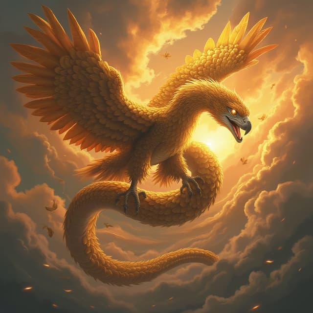 A mythical hybrid of an eagle and a serpent, called the 'Skyfang.' This creature has the body of a snake, covered in golden feathers that shimmer like sunlight, with massive eagle wings extending from its sides. Its head is an intricate blend of a serpent's sharp fangs and an eagle’s fierce beak, with glowing amber eyes that pierce through the skies. The Skyfang coils in mid-air, its powerful wings stirring up a whirlwind. The background is a fiery sunset with storm clouds swirling, symbolizing the union of air and earth into a strange and majestic being.