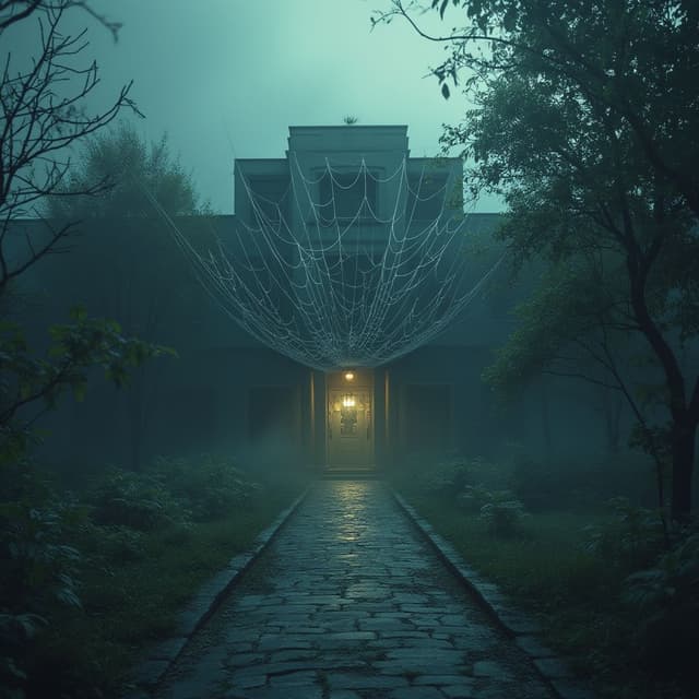 An indian haunted hospital cover with lots spider web which makes it look haunted in a centre cover with fog and lots entities in dark and eerie enviorment