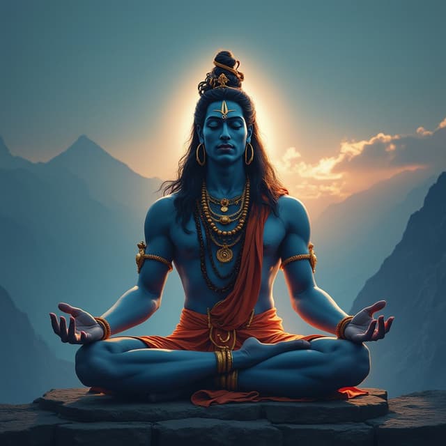 Ayyappan in Meditation Pose (Dhyana):
Lord Ayyappan in a meditative state, sitting cross-legged with his hands resting on his knees in a mudra, resembling Shiva’s meditative form. A mystical glow radiates around him, with the silhouette of Mount Kailash faintly appearing in the background.
