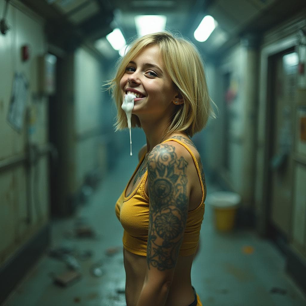 Sensitive picture of teen blonde tatooed girl. She is standing in futuristic corridor. She is smiling and little bit shy. Small amount of white fluid is flowing from her mouthe. the mood is dark and image is grainy. there is a lot of trash around