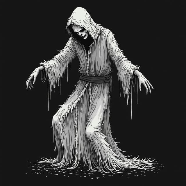 The image is a black and white illustration of a ghostly figure. The figure is standing in a crouching position with its arms stretched out to the sides. It has a long, flowing robe with a belt around its waist. The robe is covered in feathers and has a hood that covers the entire body. The face of the figure is white and appears to be made of a mask or a similar material. The background is completely black, making the figure stand out. The overall mood of the image is eerie and spooky.