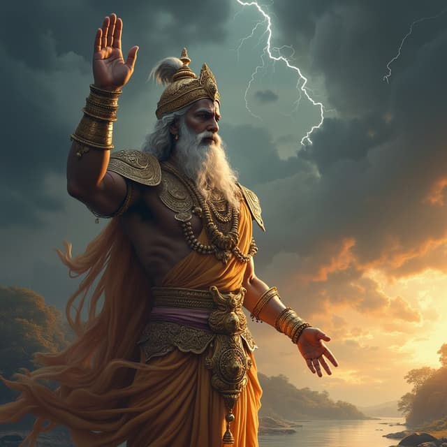 Bhishma standing tall with his hand raised in a vow under a thundering sky. His armor gleams with divine light, and a celestial river (Ganga) flows in the background.