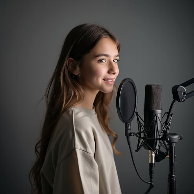 A Young girl age 20 that can recorded a Podcast in studio like speaking on mic and also there background dark gray but having some different key light in there studio (give me its side pose)
