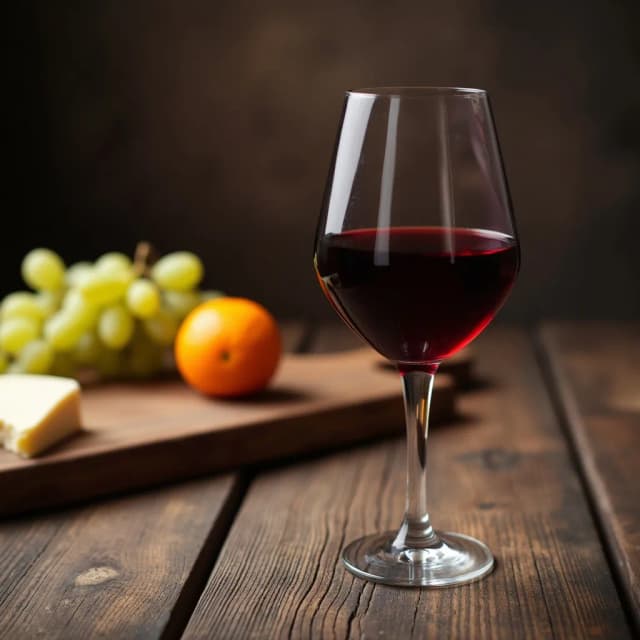 The image shows a glass of red wine on a wooden table. The glass is filled with a deep red liquid and is placed in the center of the table. On the left side of the glass, there is a wooden cutting board with a piece of cheese, a bunch of grapes, and an orange. The background is blurred, but it appears to be a rustic wooden table with a dark and moody atmosphere. The overall mood of the image is cozy and inviting.