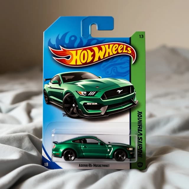 the hot wheels mustang is shown in a blue and green package on a bed, inspired by Adam Chmielowski, dau-al-set, reddit contest winner, hotwheels, hot wheels, green and blue, toy package, blue and green