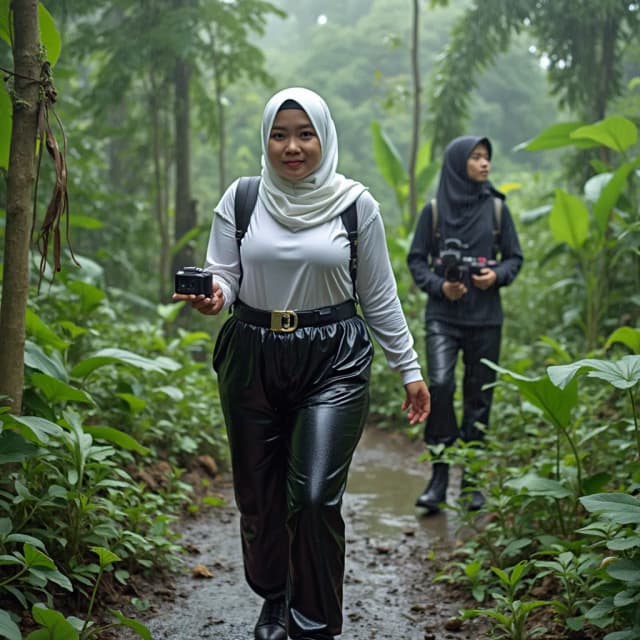 style recording yourself fropesional experienced in his stunning action by youtuber, a youtuber explore is exploring the remote village, beautiful atmosphere in the forest, there are villagers, a youtuber young adult malay ETNICITY white shiny milk skins almost pale, physically attractive in jumbo size, ideal fat plump, busty, great protruding power, full of lust, wearing pro muslim hijab in OOTD, wearing shiny black plastic pants in the upper body area clothing style is more colorful in the style of alternating colored fabrics, muslim hijab in rainfall recording her journey by exploring recording herself talking to the audience youtube viewers , taking pictures of Muslim hijab from various positions and movements