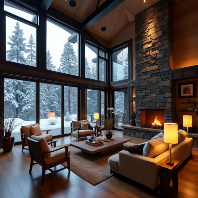 Living room
A double-height ceiling living room with a large, floor-to-ceiling window on one side log cabin. Outside is a dark snow-covered landscape. The living area is furnished with plush, contemporary sofas and chairs in neutral tones, grouped around a low, central coffee table. The room's color palette is composed of dark brown and warm tones, with the soft lighting from various lamps adding a cozy ambiance.