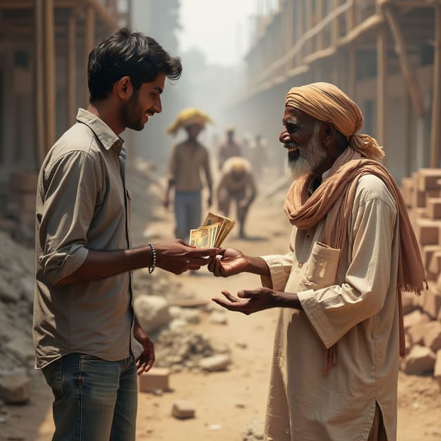 A highly realistic and detailed image of a young Indian man, aged 25-30, dressed in a casual shirt and jeans. He is holding a small bundle of Indian currency notes in one hand and extending them toward an older construction worker in traditional Indian attire, such as a loose kurta and a scarf tied around his head. The man aged 40 t0 45 worker is reaching out with a hand to accept the money, standing humbly with a warm smile. The background shows an active Indian construction site with scaffolding, tools, and workers in the distance carrying bricks and cement. The Indian currency notes are accurately sized and proportioned, visible but not exaggerated. The scene is bathed in natural sunlight, creating a warm and authentic ambiance, emphasizing the connection between the two individuals and the hardworking environment. Ensure no deformities in hands, faces, or objects, and maintain photorealistic quality Key Elements Ensured:
Proper cash representation: Described as "bit small bundle, visible but not exaggerated."
Context and details: Focused on an authentic Indian construction site.
Natural expressions and interactions: Clearly defined gestures and emotions.
Photorealistic quality: Avoids deformities and maintains realism