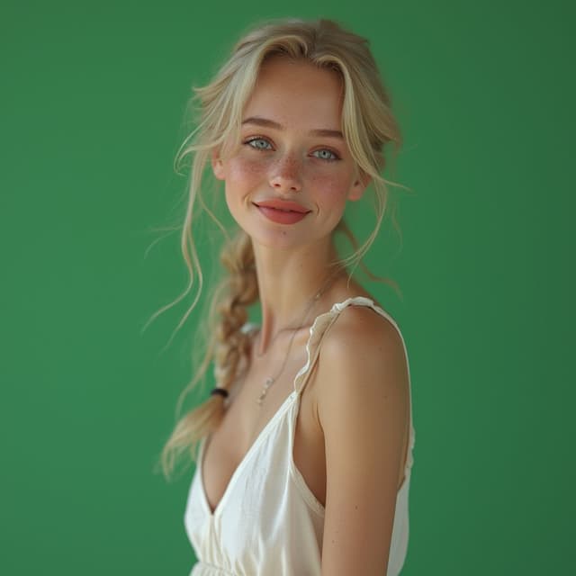 Create a photorealistic, studio-quality image of a young dutch woman with light freckles, blue-blonde hair, full pouty lips, and a large bust, she is wearing a thin white cotton sundress that reveals her curves, she is smiling. The background should be a solid, vibrant green with no shadows or variations, just a completely flat green backdrop. The image should feature Unreal Engine 5 realism with detailed hair texture, ray-traced ambient occlusion, anti-aliasing (FKAA, TXAA), RTX, SSAO, OpenGL-shaders, GLSL-shaders, post-processing, and post-production. The photograph should be insanely detailed, intricate, hyper-maximalist, elegant, and realistic with super-detailed features. Include ray-traced reflections, lumen reflections, screen space reflections, diffraction grating, chromatic aberration, GB displacement, scan lines, and tone mapping.
