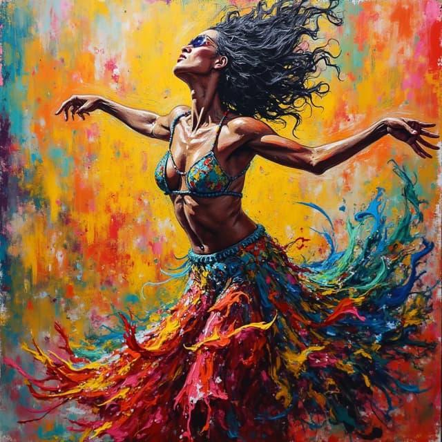 A vibrant, Abstract Expressionist portrait of a dynamic, Samba Dancer, with 
bold, gestural brushstrokes a la Jackson Pollock.
No text, no letters, no signatures, no symbols, no captions anywhere in the image.
Full-frame composition, no white borders or empty corners, image fills entire canvas. Edge-to-edge detail, no padding, image extends fully to all sides.