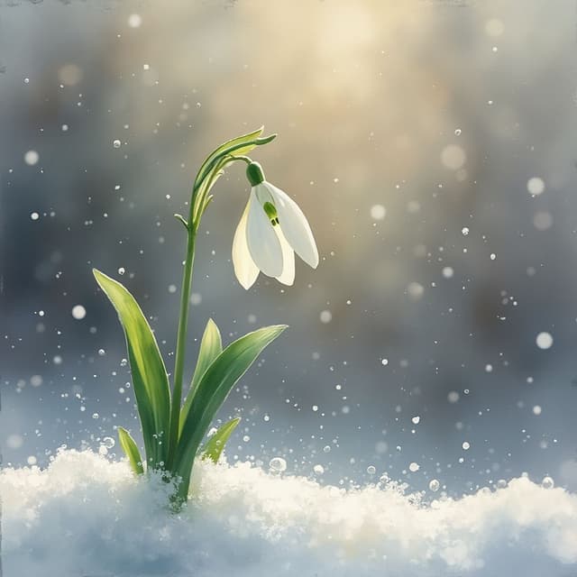 dreamy (((masterpiece))) Pale shimmering watercolor, a little gouache, minimalist, impressionism, airy blurred. In the middle of the snow, a single snowdrop.