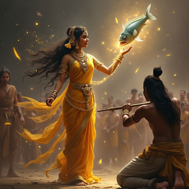 Draupadi in a golden saree holding a glowing garland, with Arjuna in focus aiming at the rotating fish during her swayamvar.