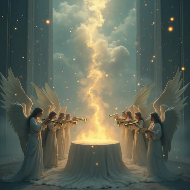 Los cielos en completo silencio, como si el tiempo se hubiera congelado. Siete ángeles con túnicas flotantes están de pie en formación solemne, cada uno sosteniendo una trompeta. Otro ángel ofrece incienso sobre un altar dorado, y el humo asciende graciosamente para encontrarse con la luz divina. El entorno es etéreo, con tonos dorados y blancos dominando la escena, mientras el cosmos distante es visible. Toma media-larga destacando tanto el altar como los ángeles, hiperrealista, realismo fotográfico y cinematografía. Una imagen cinematográfica de alto contraste basada en la era bíblica, irradiando un sentido de realismo cinematográfico.