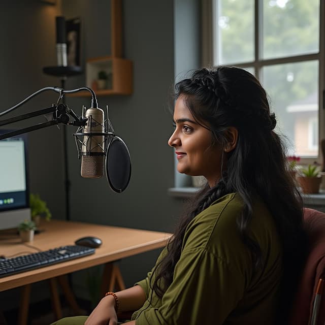 A Young chubby 20 yo telugu girl that can recorded a Podcast in studio like speaking on mic and also there background dark gray but having some different key light in there studio, olive kurthi, she has long hair,  (give me its side pose), dark skin, at home, things around, kurtain, window, braid