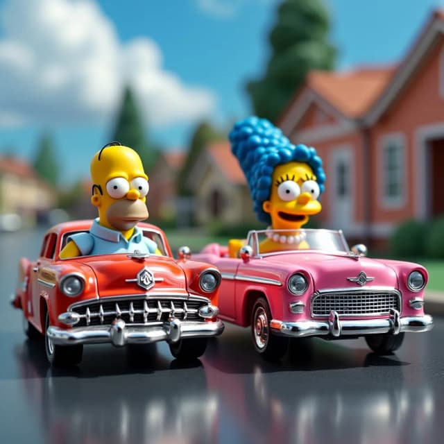 a hot wheels car with the simpsons character on the front and a pink car, Erlund Hudson, hot wheels, homer simpson, simpsons, homer simpson style, die - cast metal, car, car