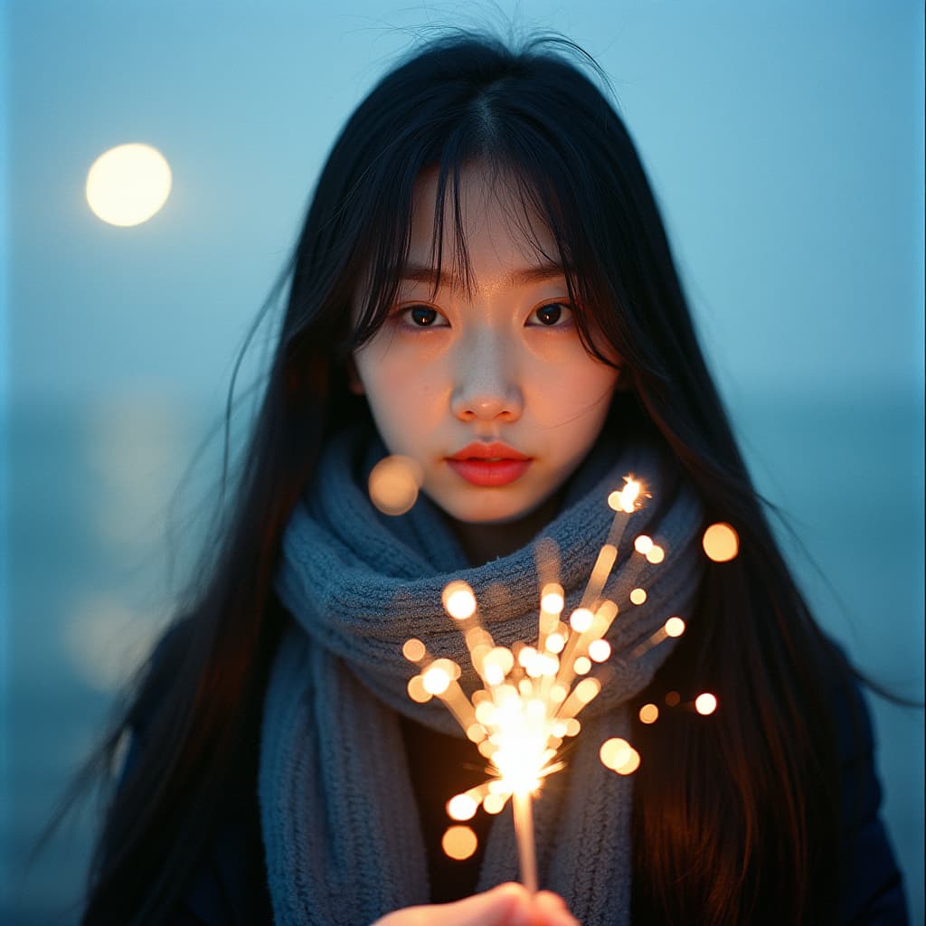 Portrait of a chinese girl, long straight hair, holding fireworks, blue winter scarf, by the sea, soft moonlight, minimalist aesthetic, natural light, soft, Kodak Portra 400, film photography