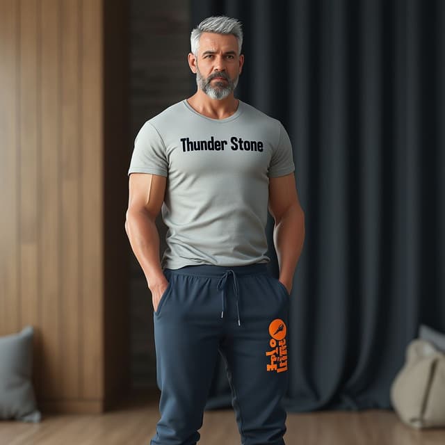 Create a realistic digital representation of a middle-aged man with short salt-and-pepper hair and a beard. He is wearing a light grey t-shirt with the text 'Thunder Stone' and navy-blue jogger pants with an orange logo 'Pro Nine' on the left. The setting is indoors, with a wooden wall and a dark curtain in the background. Ensure the lighting and posture reflect a casual and relaxed mood, with the person standing barefoot