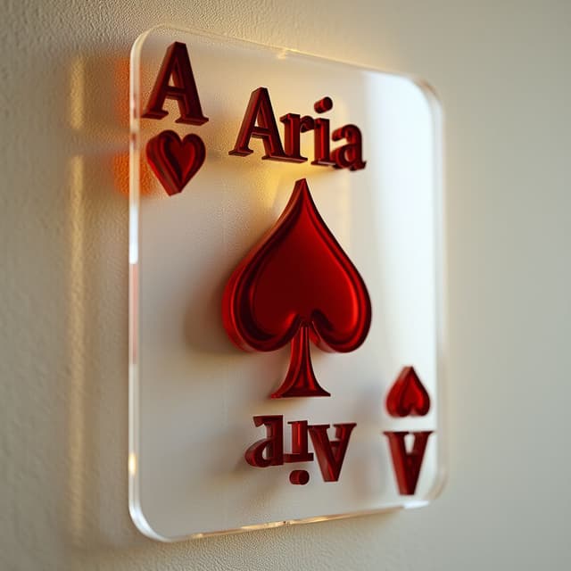Raw photography 4D, extremely detailed of A close-up of a decorative, acrylic playing card. The card appears to be suspended, or mounted on a wall, with light reflecting off its surface. The card depicts a stylized Ace of Hearts, and the word "Aria" is printed above the heart suit in a bold, sans-serif font. Both the text and the symbol are rendered in a vibrant, crimson red against a clear, translucent white acrylic background. The card's edges and surface have a slightly curved, almost 3D effect, giving it a sense of depth. The background wall is a neutral, light beige/cream color. The overall impression is decorative and artistic, almost like a piece of modern, abstract art. High contrast, slightly impressionistic, with soft light reflecting off the acrylic. Focus on the card's form and textures, including the subtle curves and light reflections.