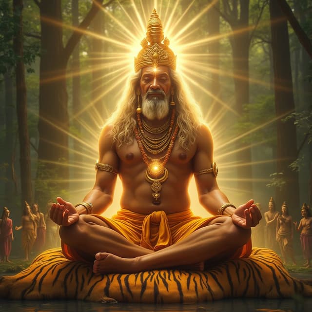 A divine figure of Lord Ayyappan sitting in a yogic pose on a tiger skin, set against a serene forest backdrop. The aura around him glows with golden light, emphasizing his divine nature. Depict his Lingam (masculine) and Shankha (feminine) forms subtly blending into his figure, symbolizing the union of male and female energies. Show an array of celestial beings offering their respects from the background.