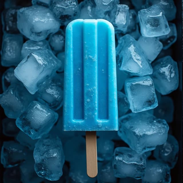 The image is a close-up of a popsicle on a bed of ice cubes. The popsicle is a bright blue color and appears to be freshly made. The ice cubes are scattered around the popsicle, creating a textured surface. The background is dark, making the blue color of the ice cubes stand out even more. The image is taken from a top-down perspective, looking down on the ice. The overall mood of the image is dark and mysterious.