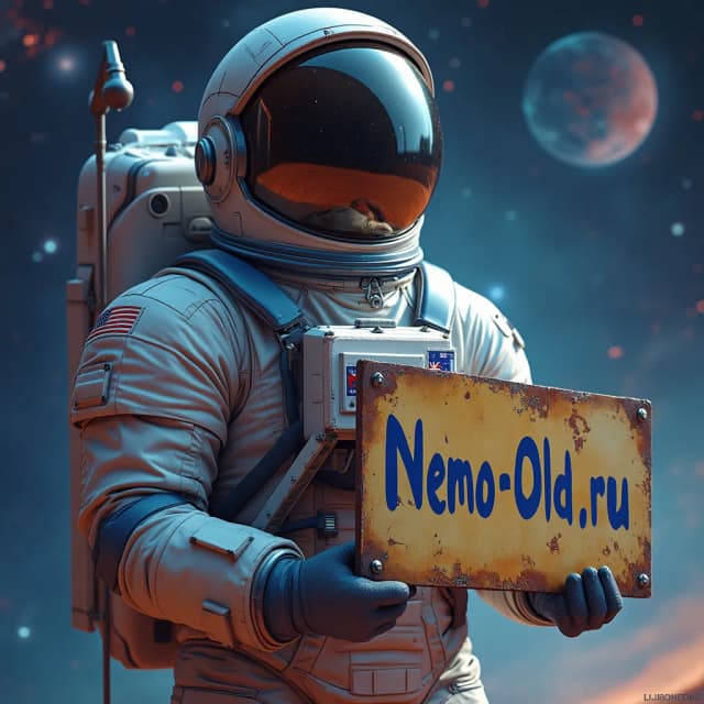 A photorealistic  astronaut with  on his sleeve holding a sign with the inscription "Nemo-Old.ru", space background. Cosmic, celestial, stars, galaxies, nebulas, planets, science fiction, highly detailed