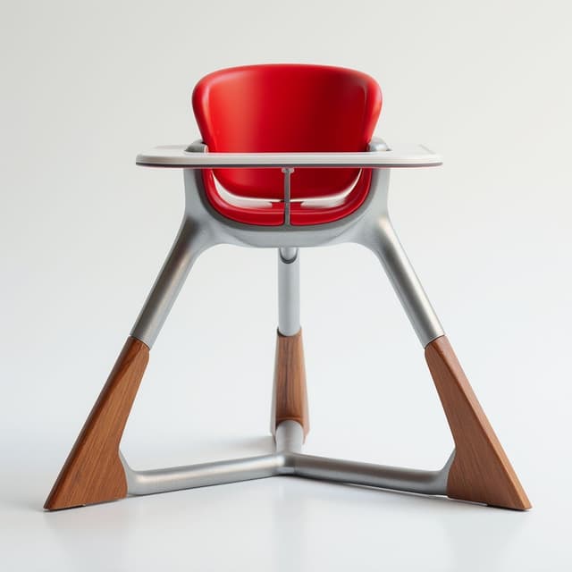 Here's an image prompt applying a wooden texture to the legs of the high chair:
"Contemporary High Chair Concept - A sleek, minimalist high chair featuring a vibrant red seat and backrest. The design is supported by a sturdy silver metal frame with a unique triangular base, now adorned with a warm wooden texture. Set against a clean white background, this futuristic piece of baby furniture seamlessly blends functionality with modern aesthetics, creating a striking visual contrast while highlighting the elegant simplicity of its geometric forms and adding a touch of natural warmth to its industrial design."