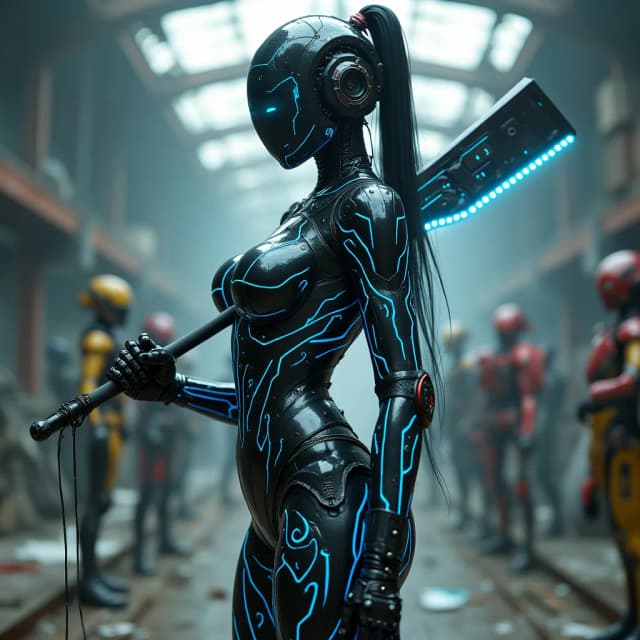 photorealistic image of a female android wearing a black with blue lit cybernetic armor with complexed swirl patterns all over, mega huge breasts and showing cleavage, holding onto a futuristic LED lit sickle while staring at the camera. Abandoned cyberpunk warehouse with robots in the background.