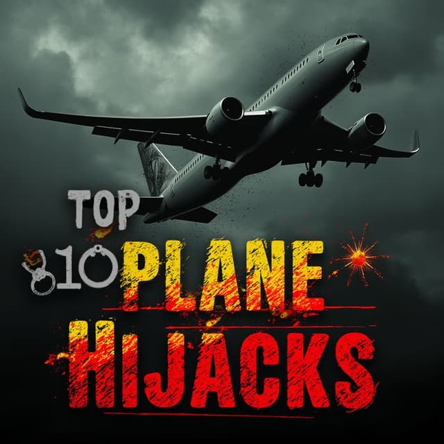 Create a dramatic and eye-catching YouTube thumbnail for a video titled 'Top 10 Plane Hijacks.' The background should feature a stylized airplane in distress, with a dark, ominous sky. Overlay bold, attention-grabbing text that says 'Top 10 Plane Hijacks' in bright red and yellow colors. Include subtle imagery of handcuffs or a shadowy figure to suggest tension and intrigue. The overall tone should be thrilling and suspenseful, enticing viewers to click and watch. Make it more clickable and in 16:9 aspect ratio.